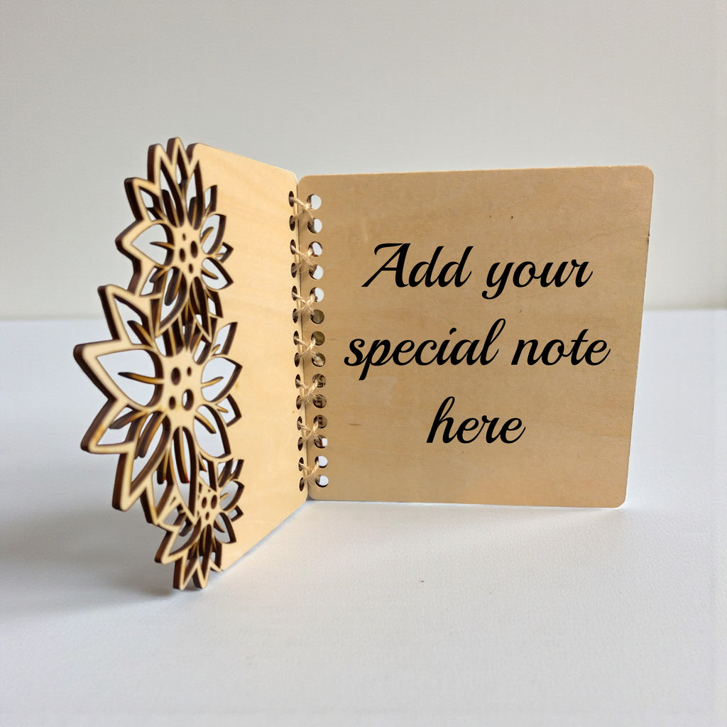 Open personalised wooden birthday card with 3D sunflower pop-up on the left and blank inside panel for a handwritten /engrave message.