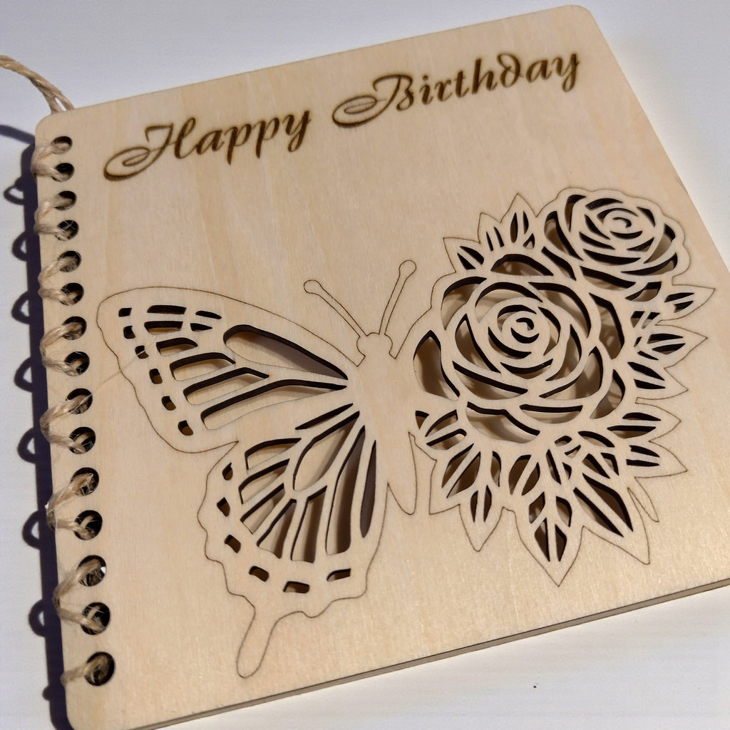 Wooden birthday card with butterfly and roses