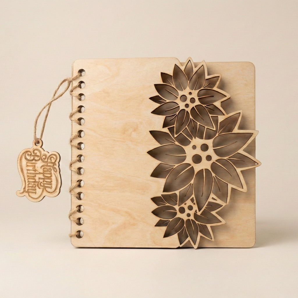 Front view of a personalised wooden birthday card with layered sunflower pop-up detail and twine binding, photographed on a clean studio background.