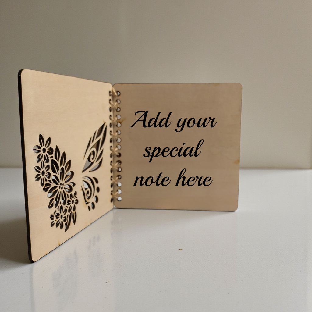 Inside of wooden birthday card showing blank space for personalised message, butterfly floral cut-out design, 13x13 cm