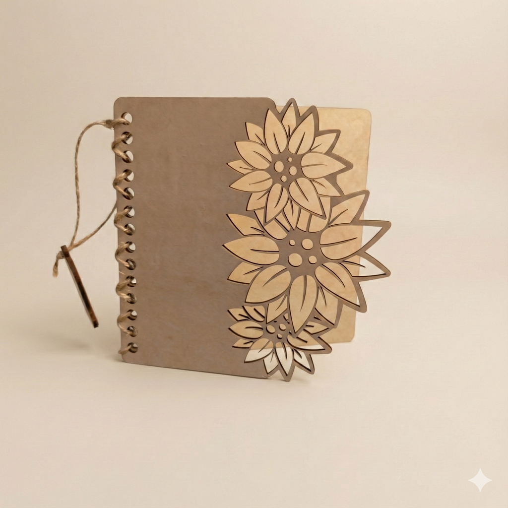 Angled studio photo of a personalised wooden birthday card showing the 3D sunflower layers and twine binding from the side.