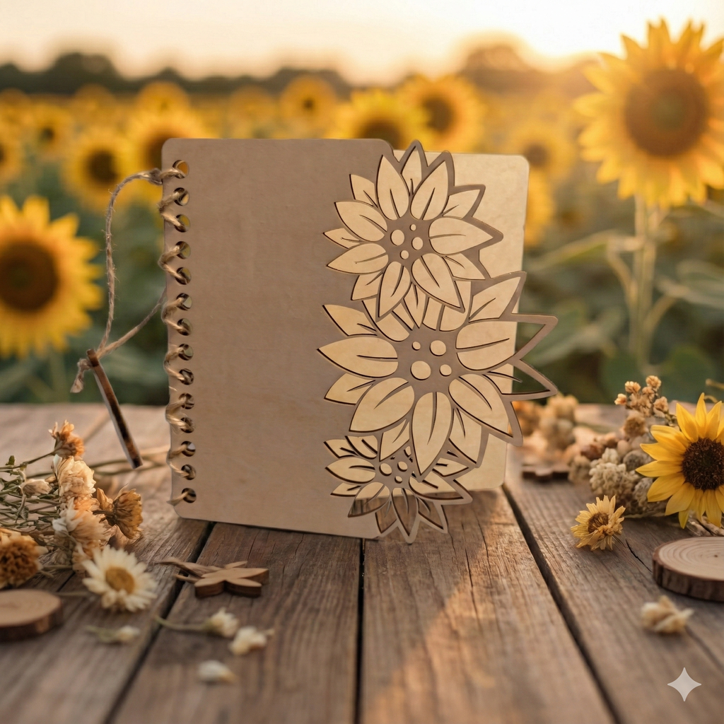 Personalised wooden birthday card with 3D sunflower design displayed on a rustic table with a sunflower field background mockup.