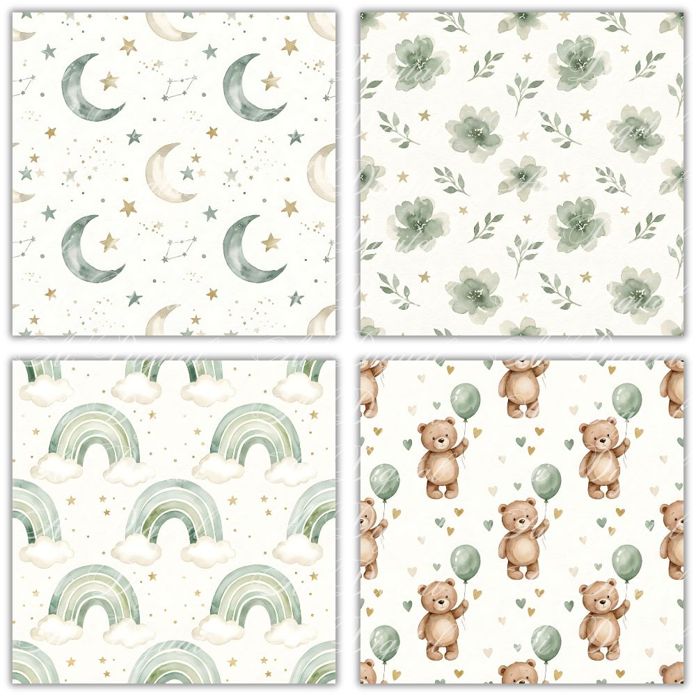 Sage Green Baby Teddy Bear Clipart Bundle – PNG & Seamless Patterns (54 PNG + 20 JPG, 300 DPI)