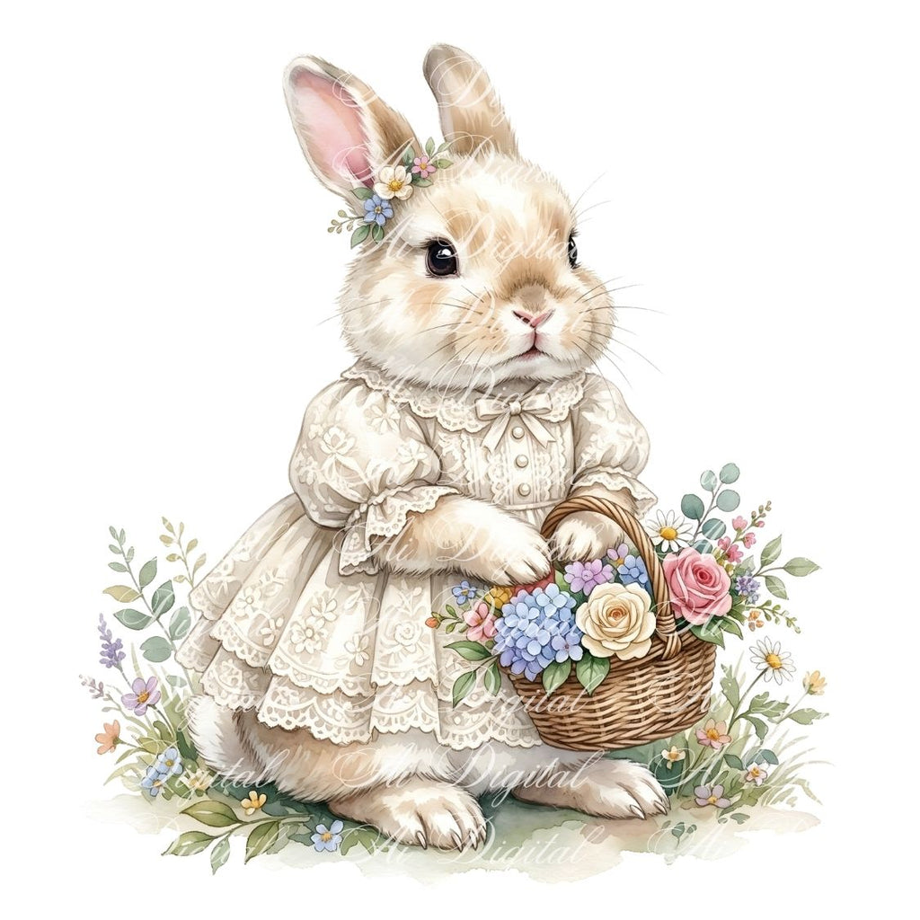 Spring Bunnies Watercolor Clipart Bundle (42 PNG)