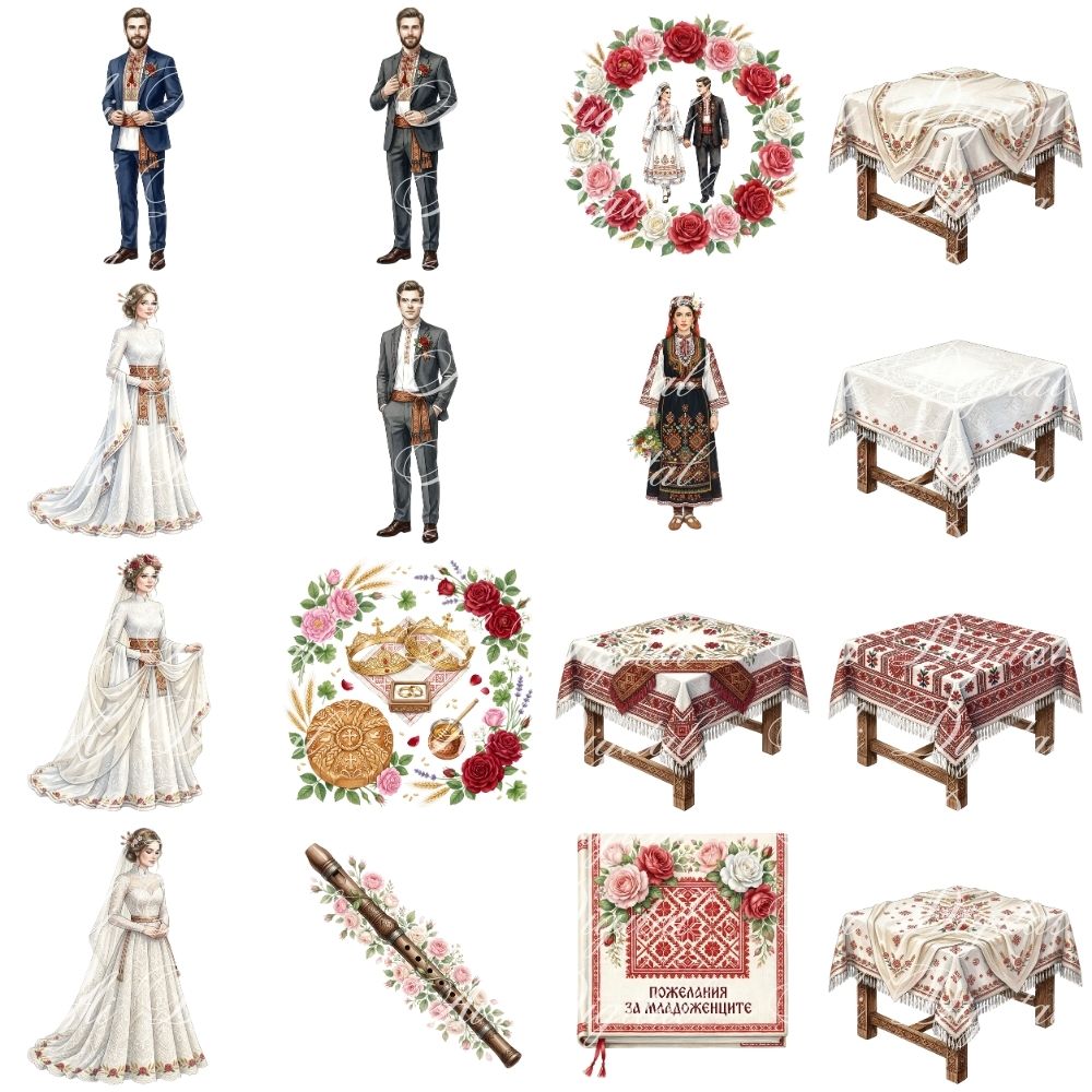 Bulgarian Wedding Clipart Bundle – 160 PNG Watercolor Wedding Illustrations