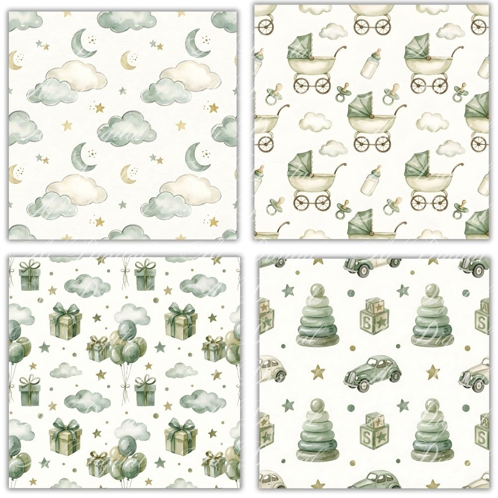 Sage Green Baby Teddy Bear Clipart Bundle – PNG & Seamless Patterns (54 PNG + 20 JPG, 300 DPI)