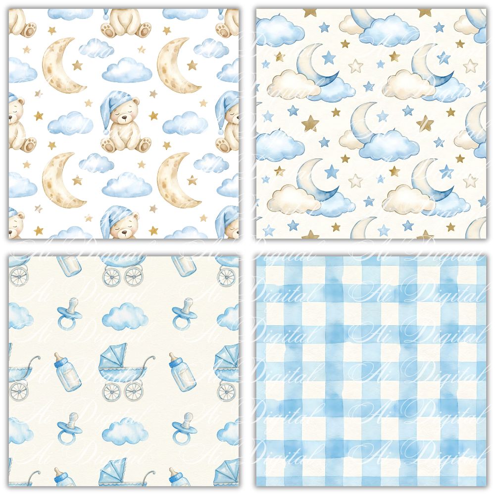 Blue Baby Bear Clipart Bundle 56 png + 20 seamless jpg patterns