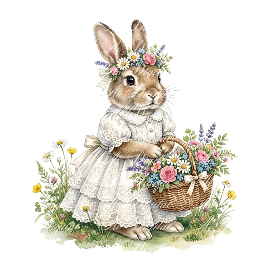 Spring Bunnies Watercolor Clipart Bundle (42 PNG)