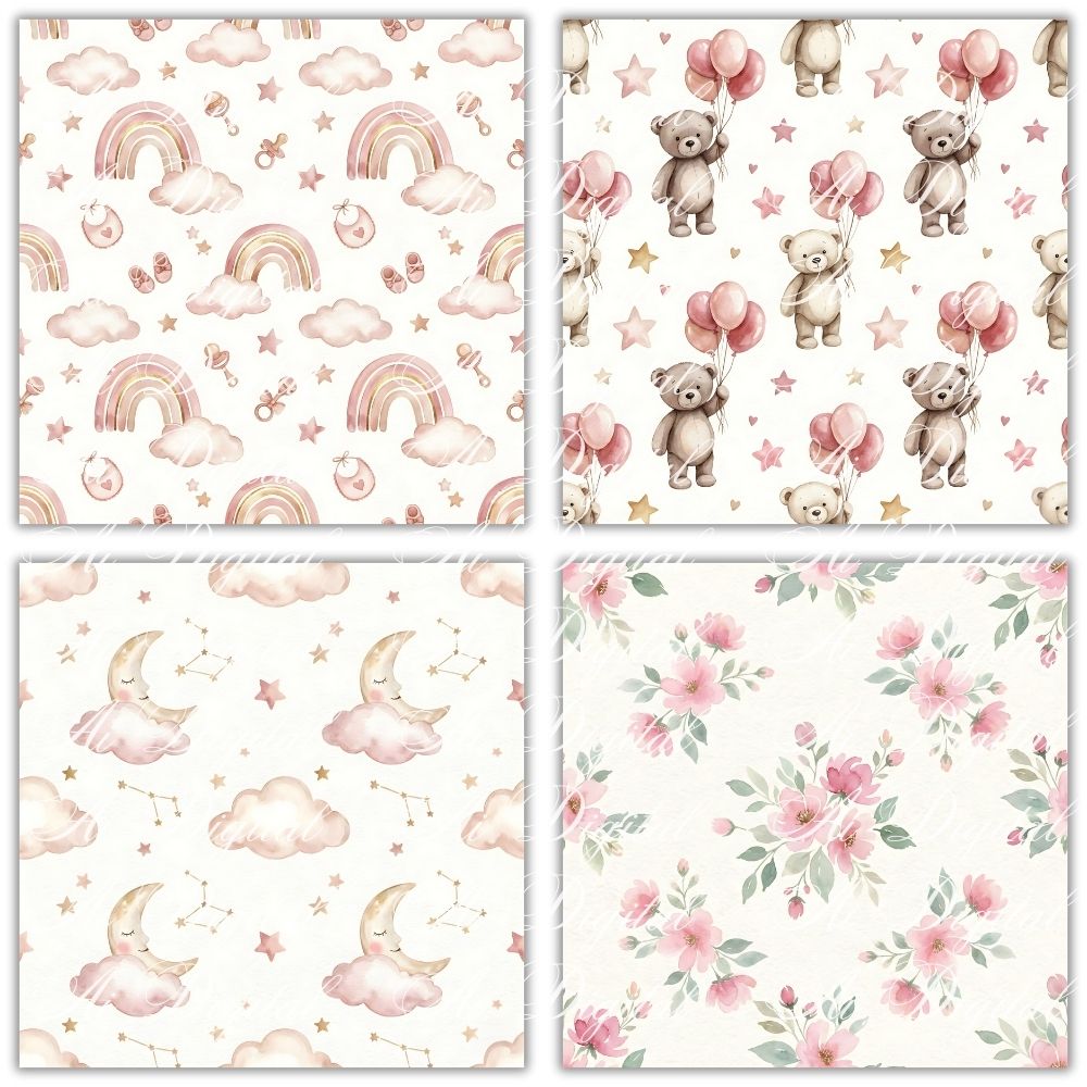 Pink Baby Teddy Bear Clipart Collection – PNG & Seamless Patterns (54 PNG + 20 JPG, 300 DPI)