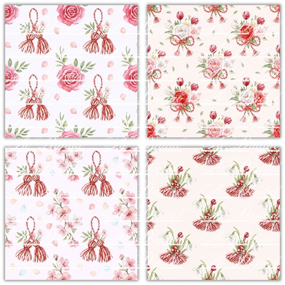 Spring & Martenitsa Watercolor Set – 20 Digital Papers + 20 PNG Clipart – Instant Download