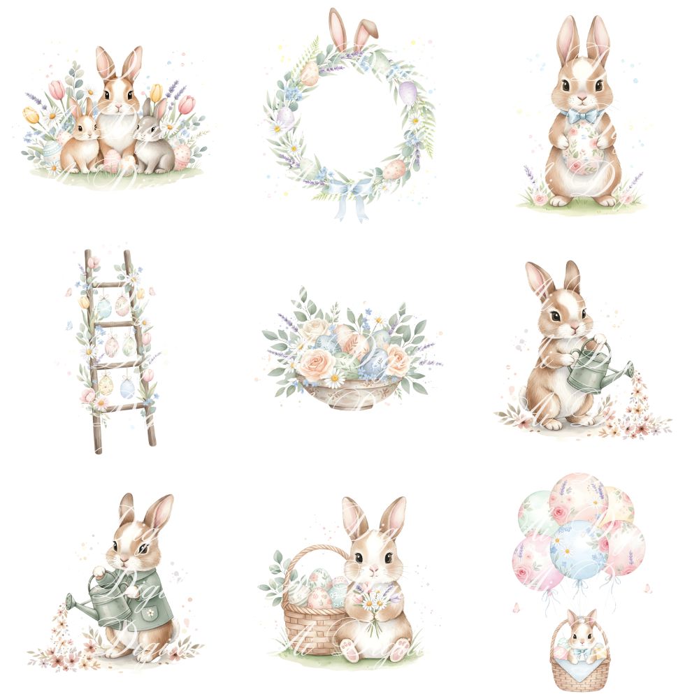 Easter Bunny Clipart Bundle – 106 PNG & 25 Seamless Patterns