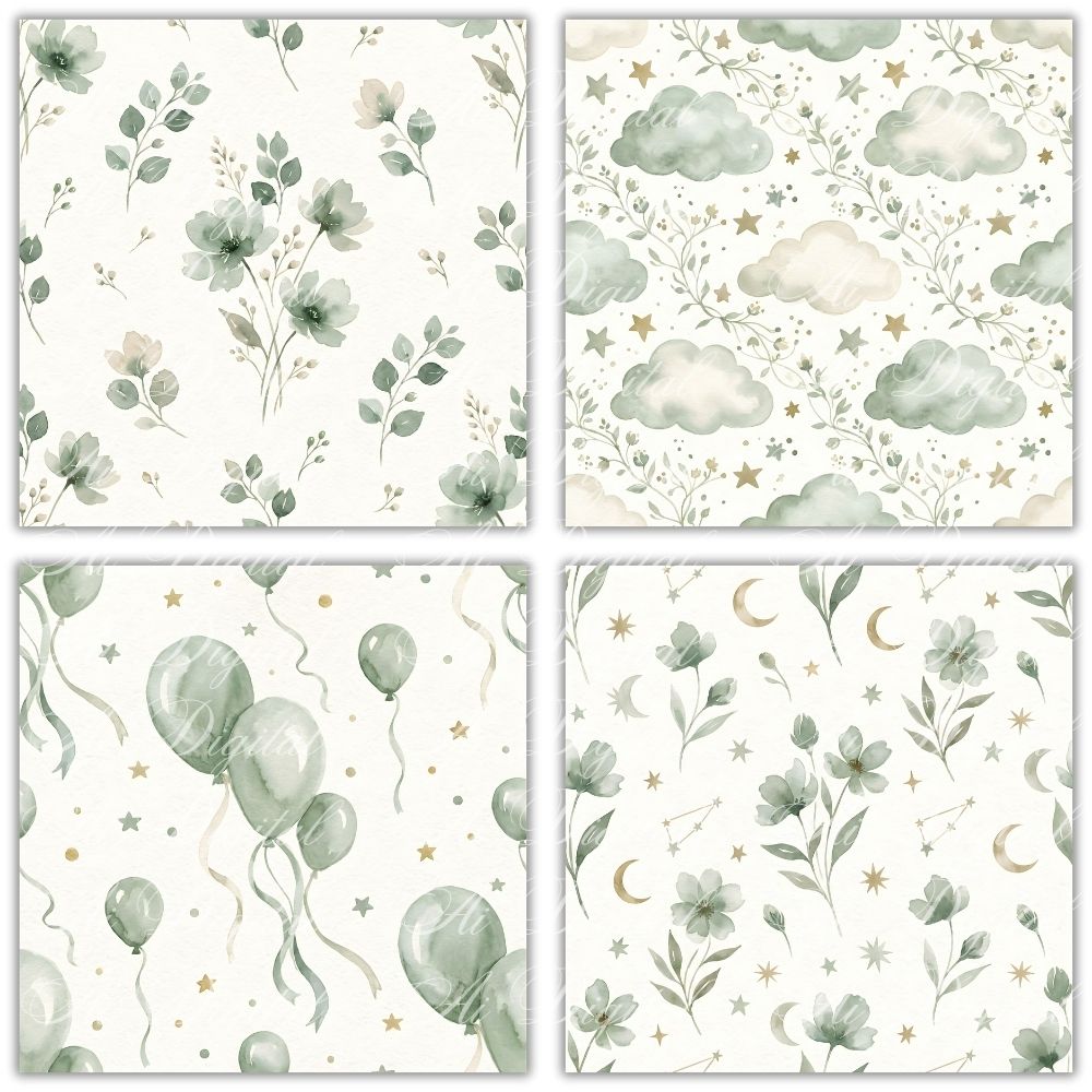 Sage Green Baby Teddy Bear Clipart Bundle – PNG & Seamless Patterns (54 PNG + 20 JPG, 300 DPI)