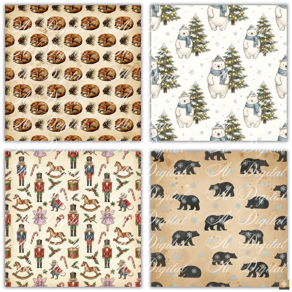 Vintage Christmas Clipart Bundle – 120 PNG & 20 Seamless Patterns
