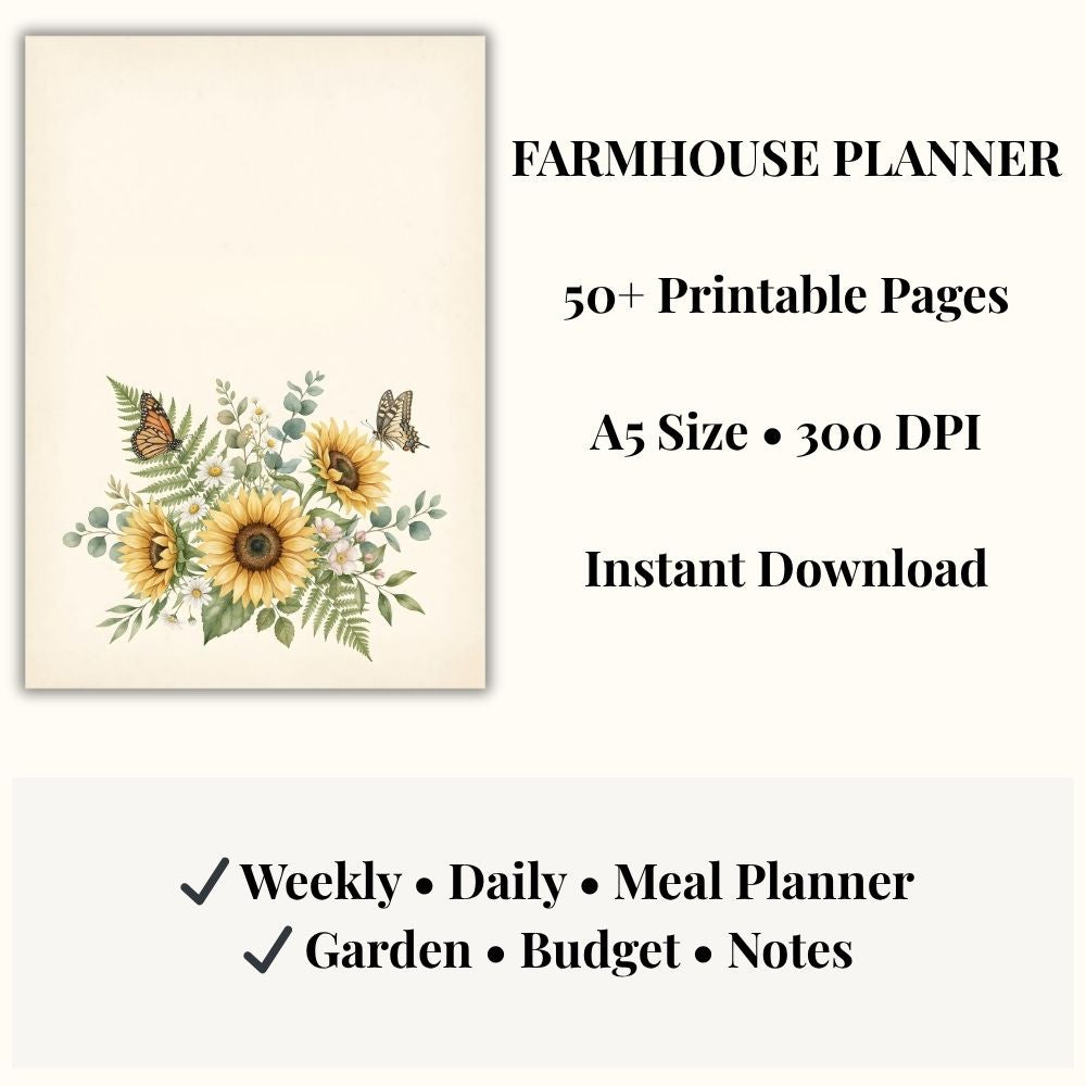 Farmhouse Planner Printable A5 – 50+ Pages, Weekly Daily Meal Garden Budget Planner PDF