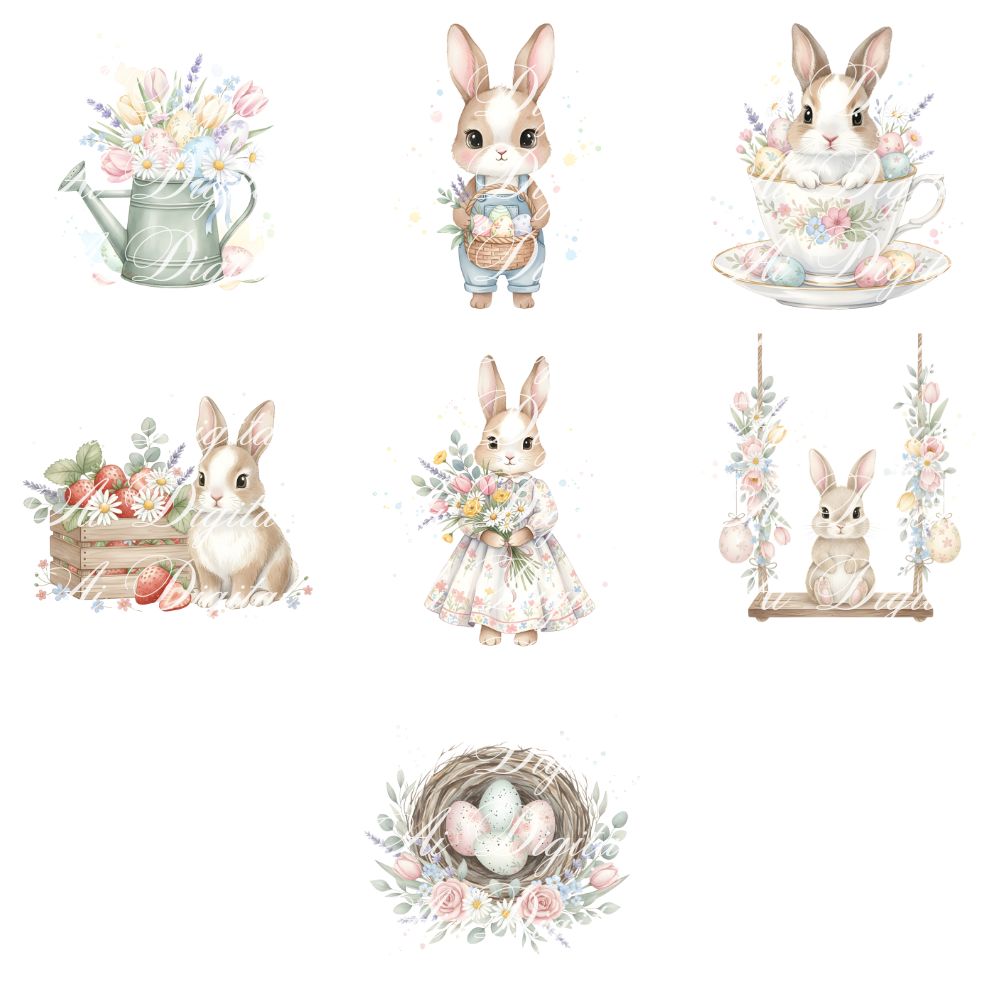 Easter Bunny Clipart Bundle – 106 PNG & 25 Seamless Patterns
