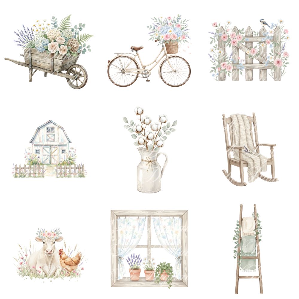 Farmhouse Clipart Bundle – 116 Watercolor PNG
