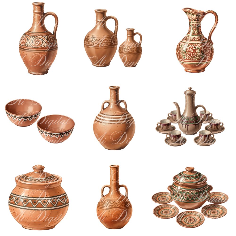 Clay Pottery PNG Clipart Set – 60 Transparent PNG Files (300 DPI)
