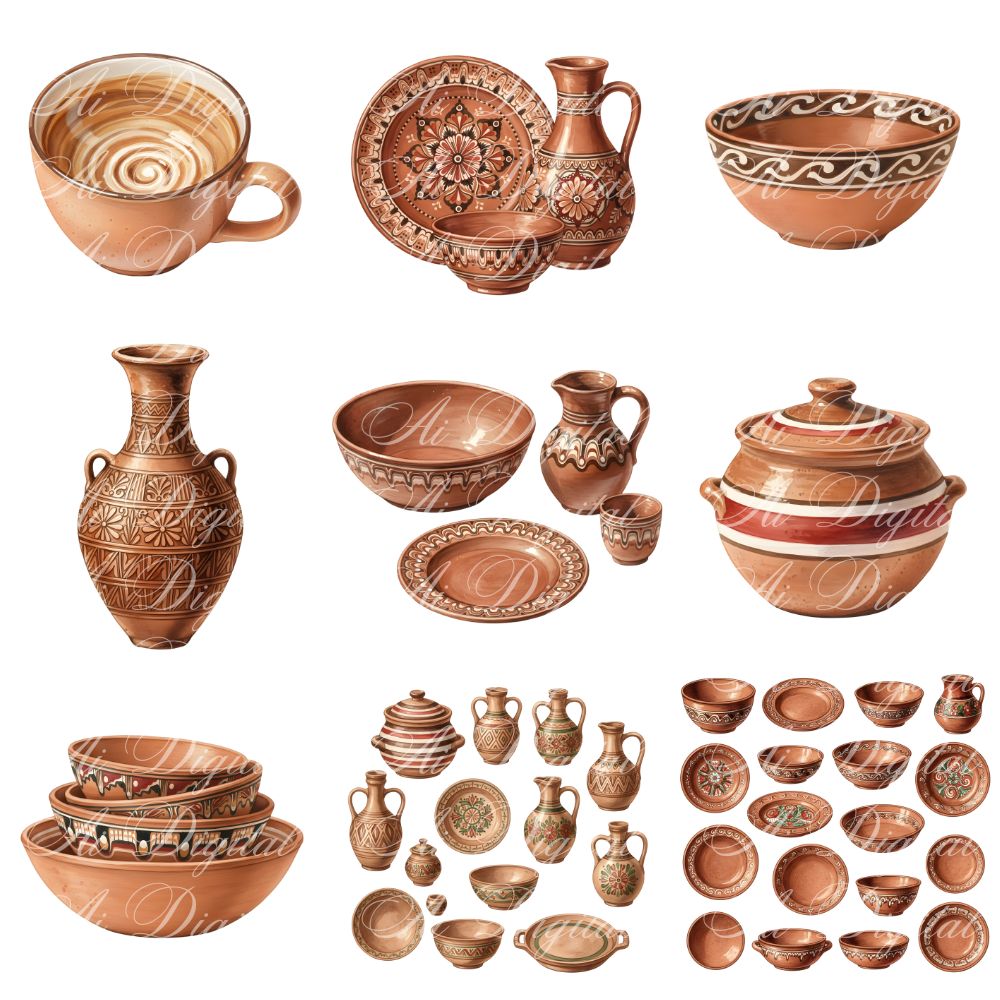 Clay Pottery PNG Clipart Set – 60 Transparent PNG Files (300 DPI)