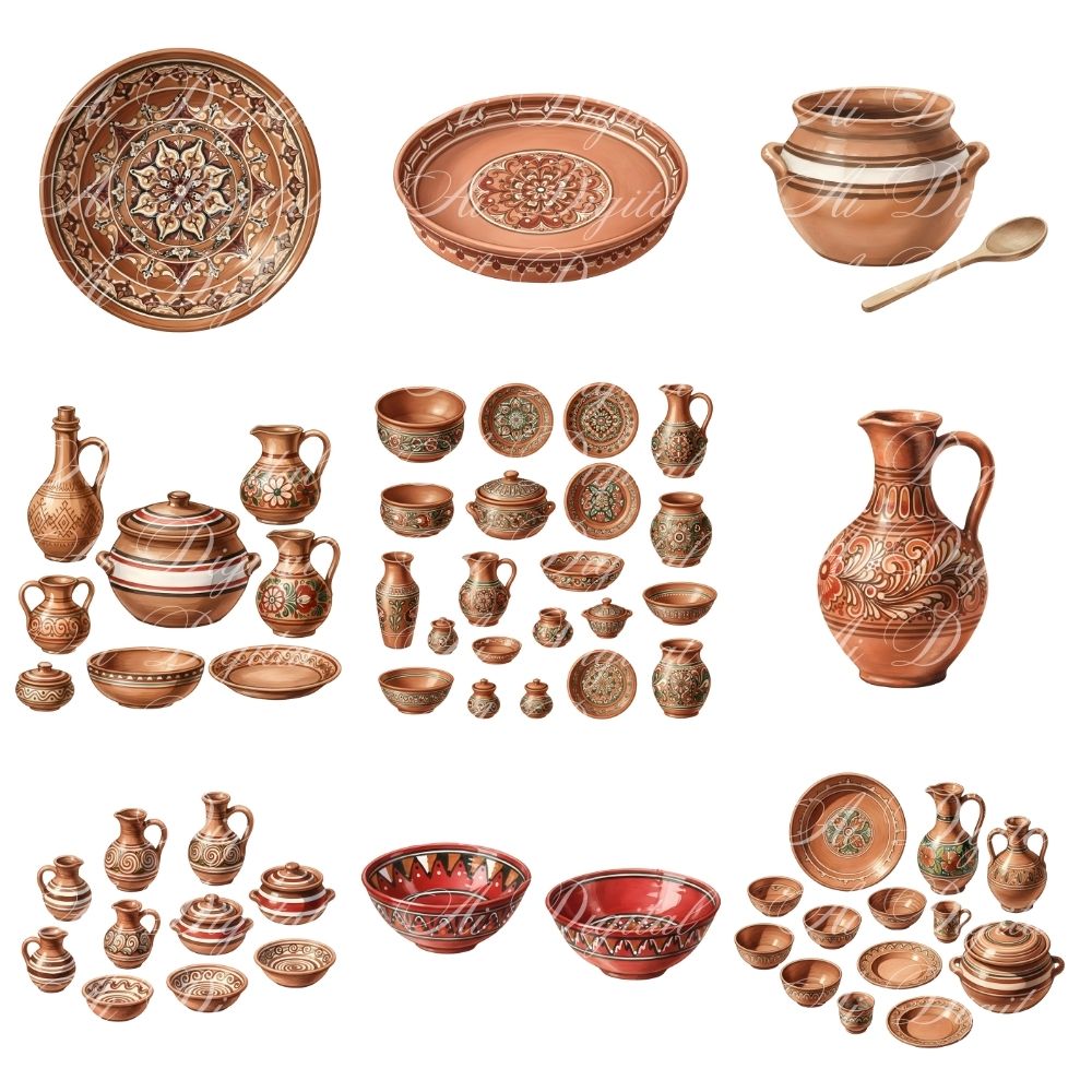 Clay Pottery PNG Clipart Set – 60 Transparent PNG Files (300 DPI)