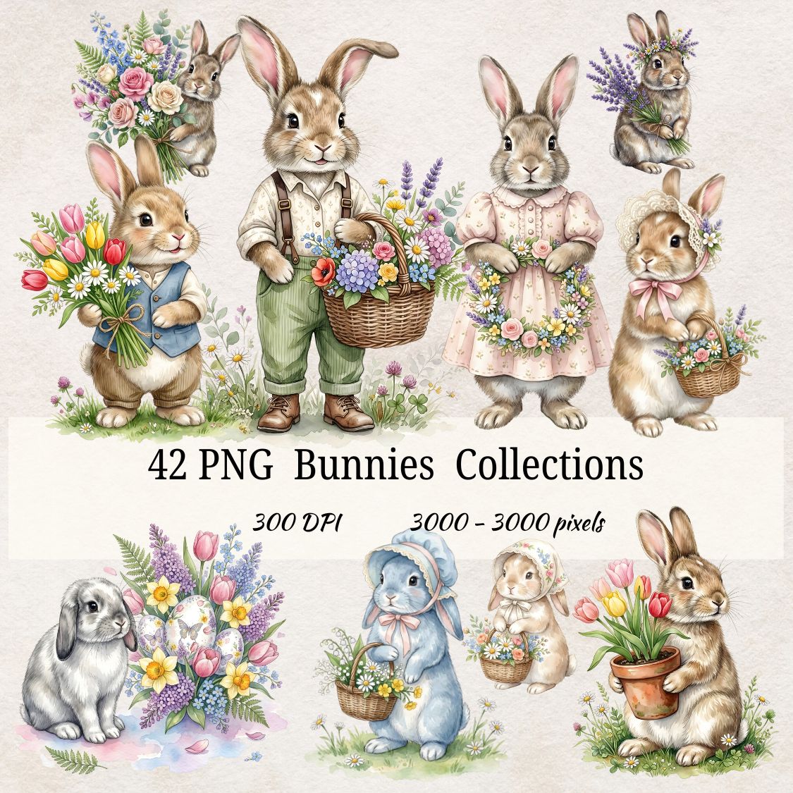 Spring Bunnies Watercolor Clipart Bundle (42 PNG)
