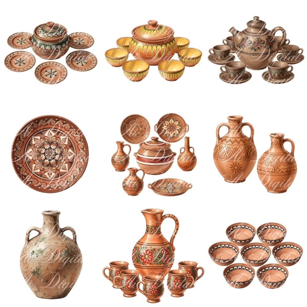 Clay Pottery PNG Clipart Set – 60 Transparent PNG Files (300 DPI)