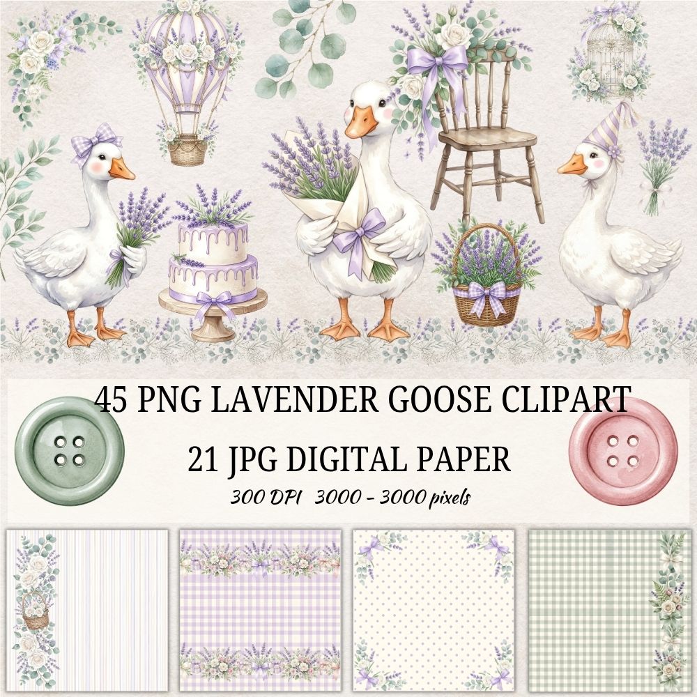 Lavender Goose Clipart & Digital Paper Bundle