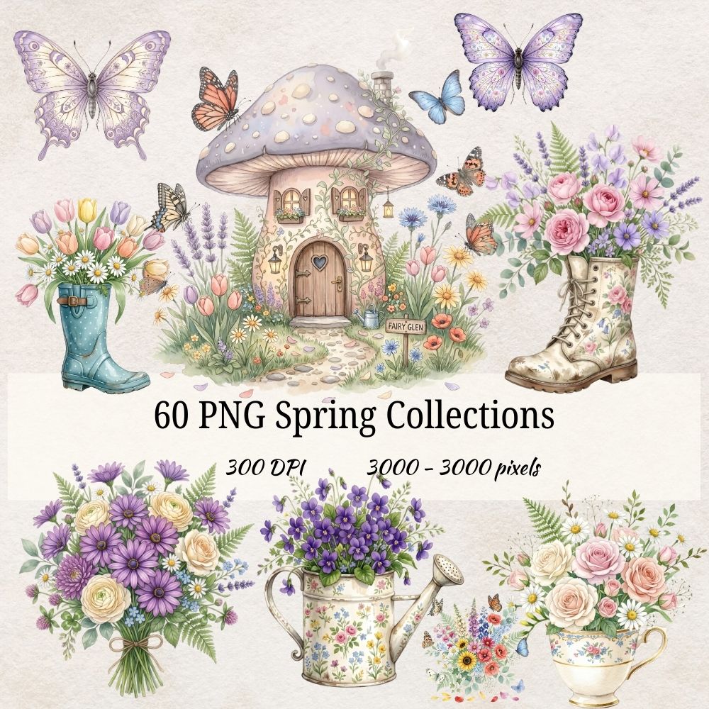 Spring Cottagecore Watercolor Clipart Bundle (60 PNG)
