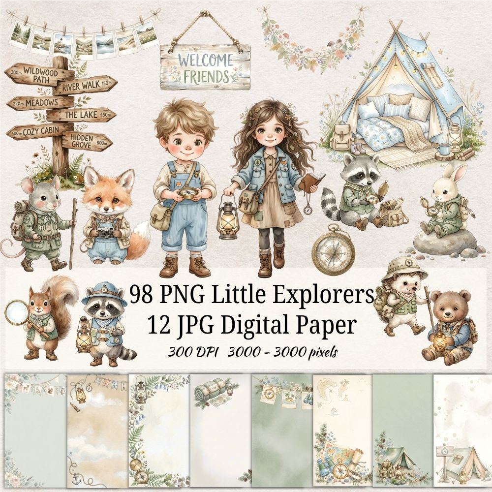 Little Explorers Clipart Bundle – 98 PNG Files & 12 Digital Papers