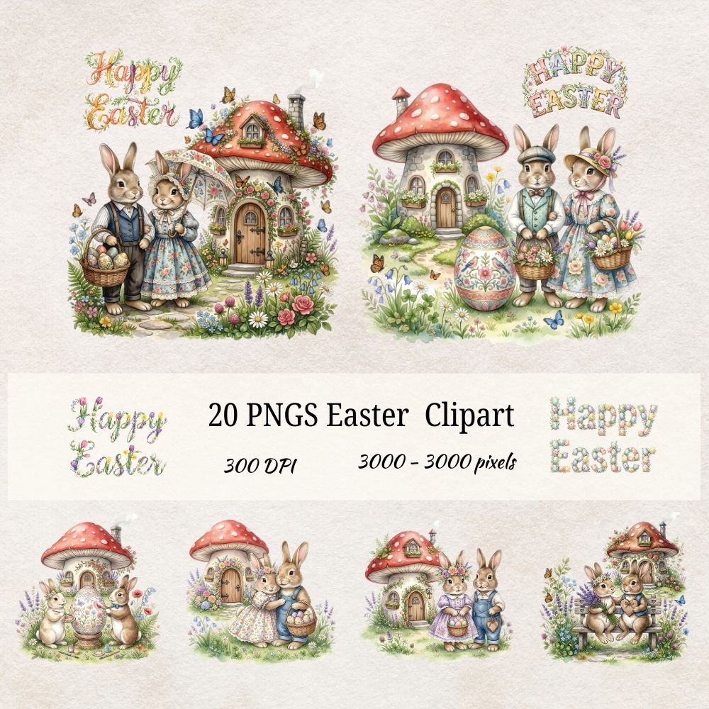 Easter Bunny Clipart Bundle – 20 PNG Watercolor Easter Illustrations