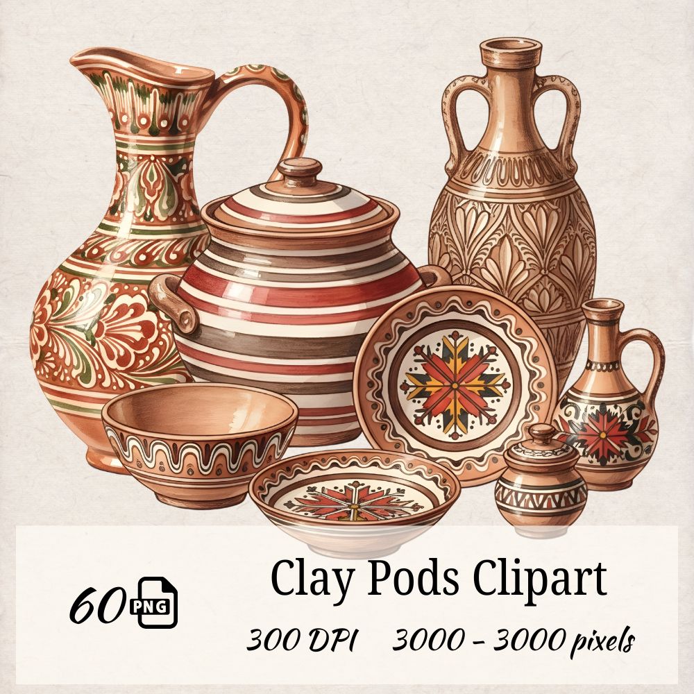 Clay Pottery PNG Clipart Set – 60 Transparent PNG Files (300 DPI)