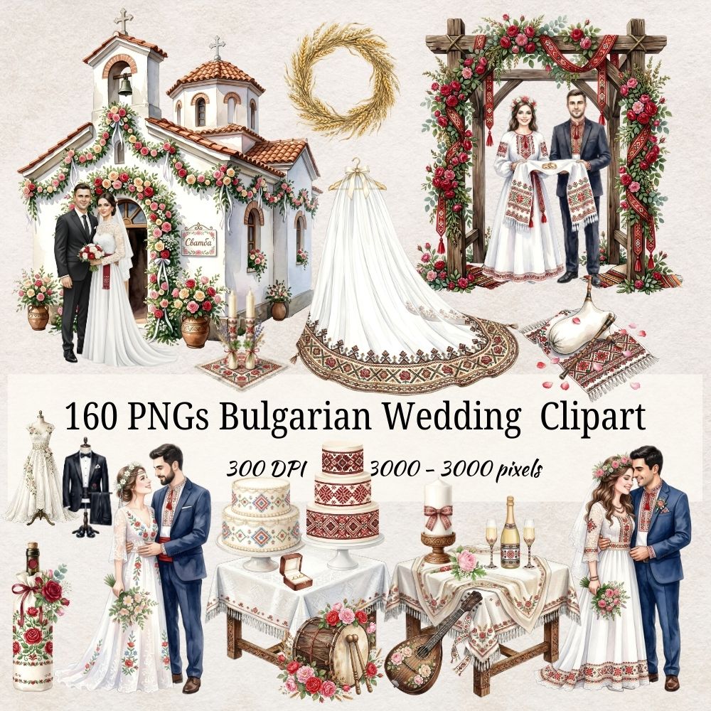 Bulgarian wedding watercolor clipart bundle with bride and groom, wedding church, cakes, candles and traditional folk wedding elements.
