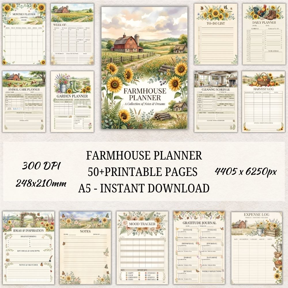 Farmhouse Planner Printable A5 – 50+ Pages, Weekly Daily Meal Garden Budget Planner PDF