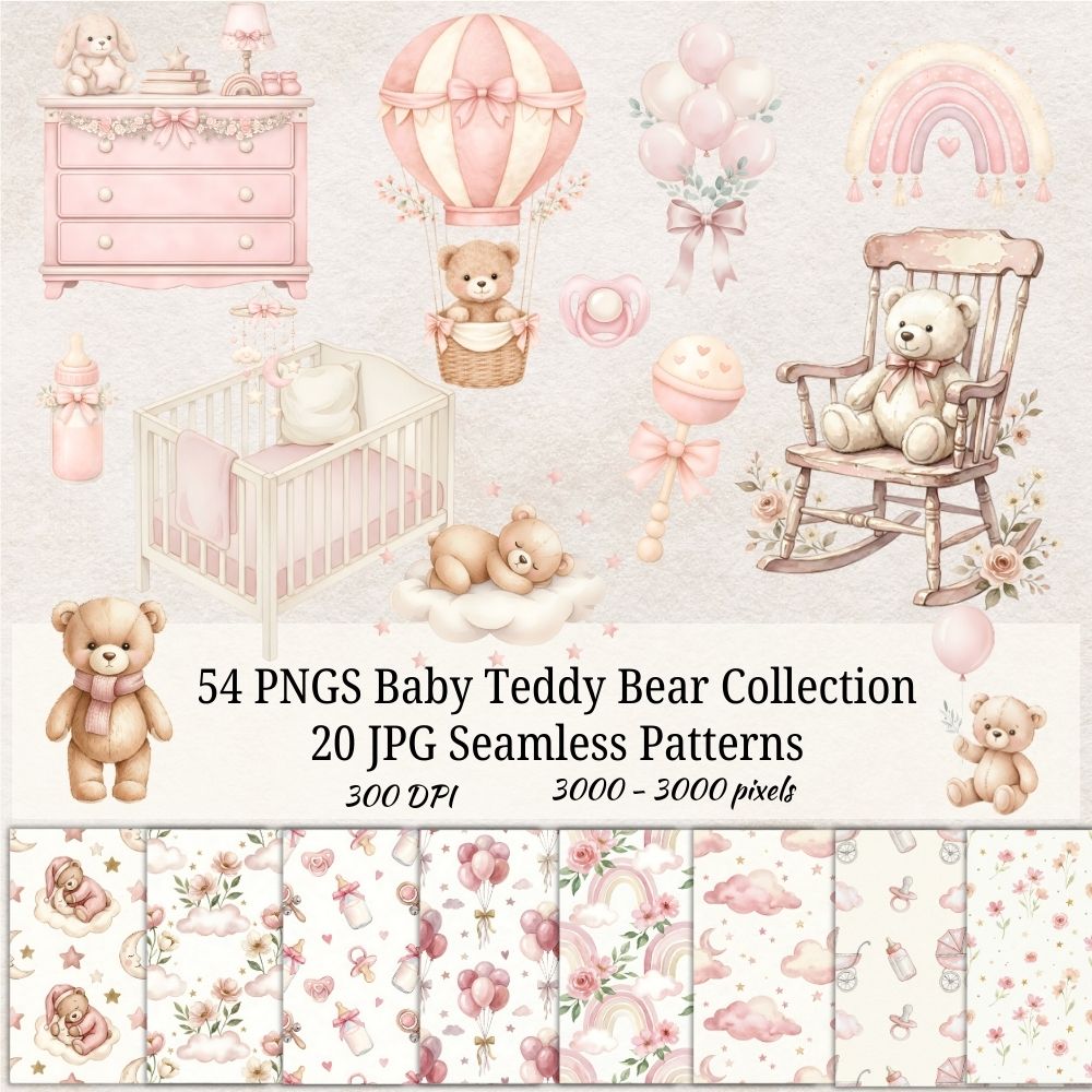 Pink Baby Teddy Bear Clipart Collection – PNG & Seamless Patterns (54 PNG + 20 JPG, 300 DPI)