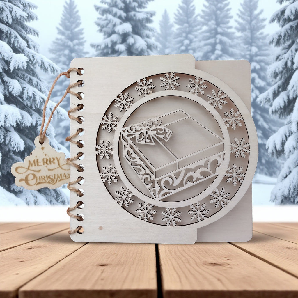 1️⃣ Handmade wooden Christmas card with laser cut gift box design.
