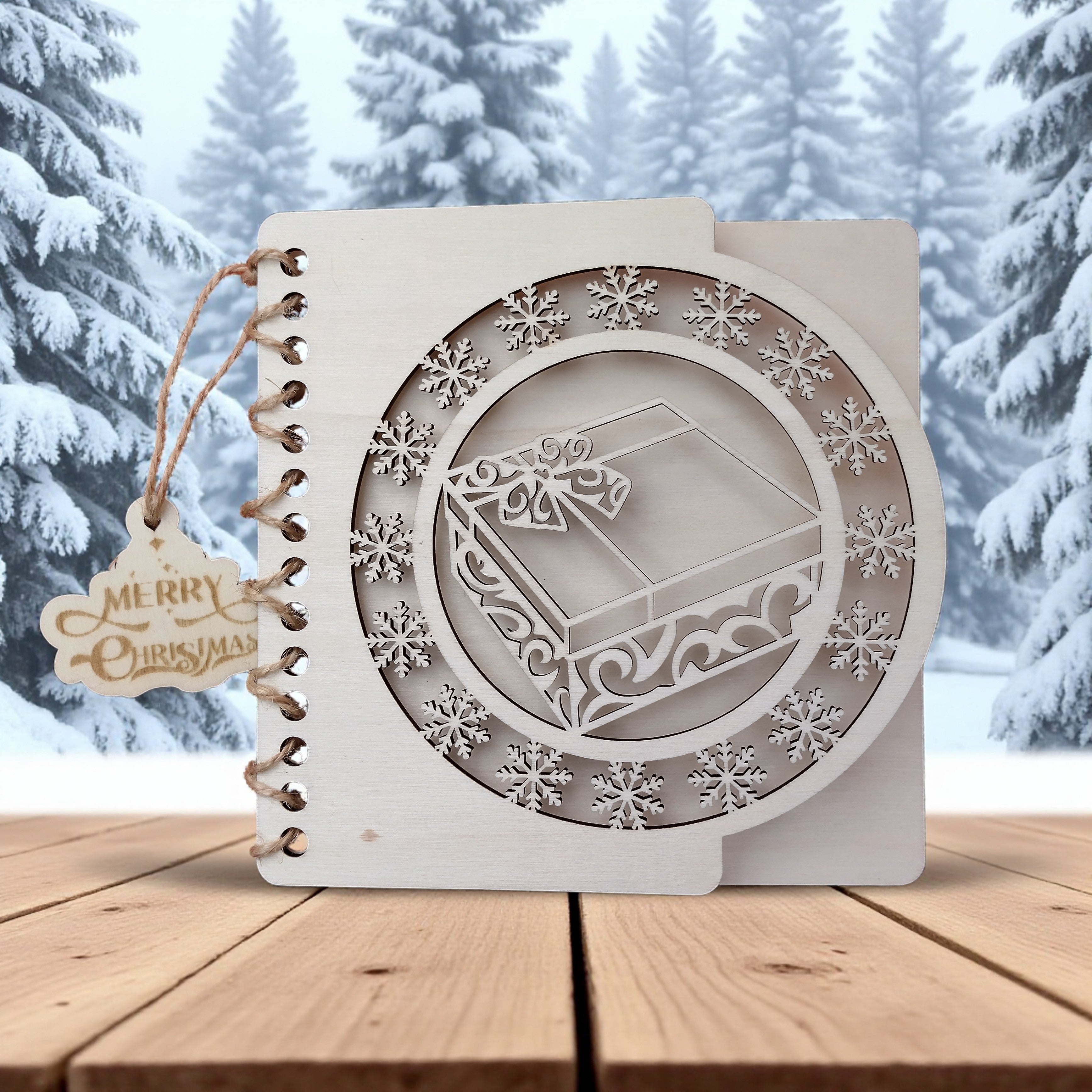 1️⃣ Handmade wooden Christmas card with laser cut gift box design.
