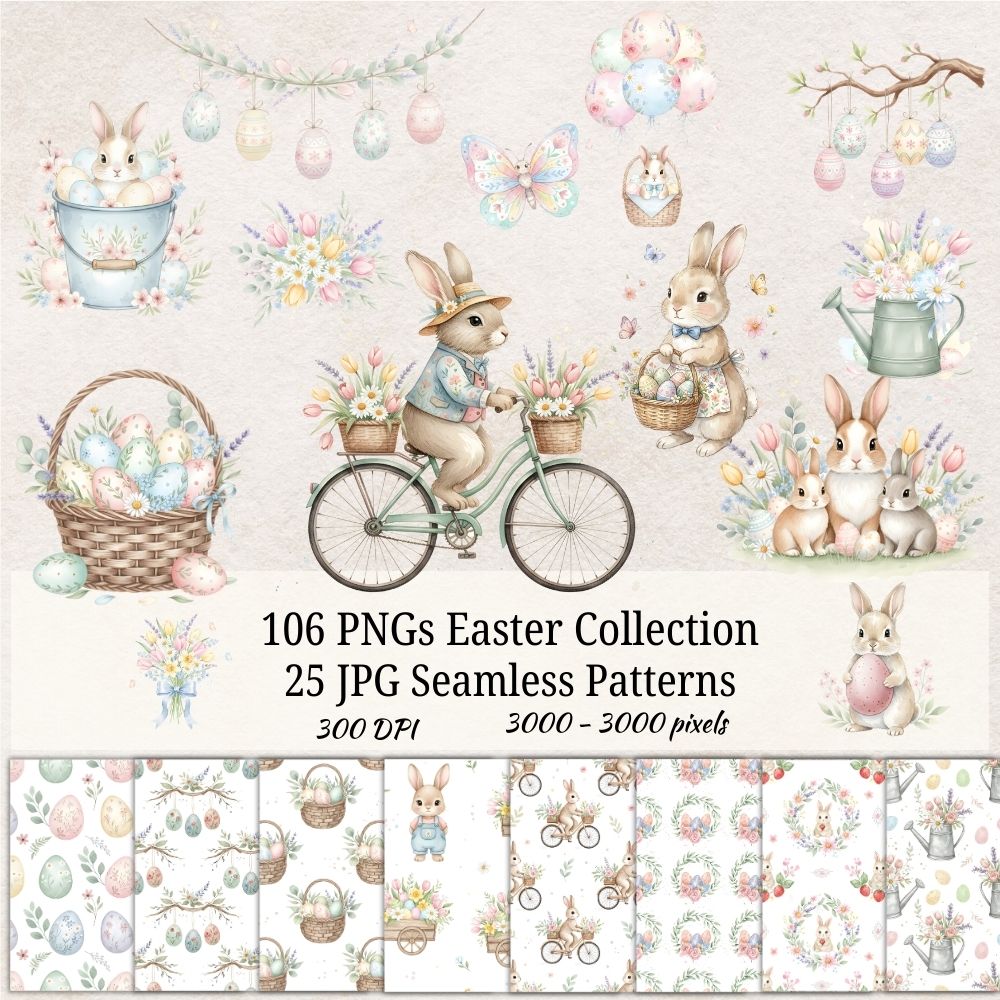 Easter Bunny Clipart Bundle – 106 PNG & 25 Seamless Patterns