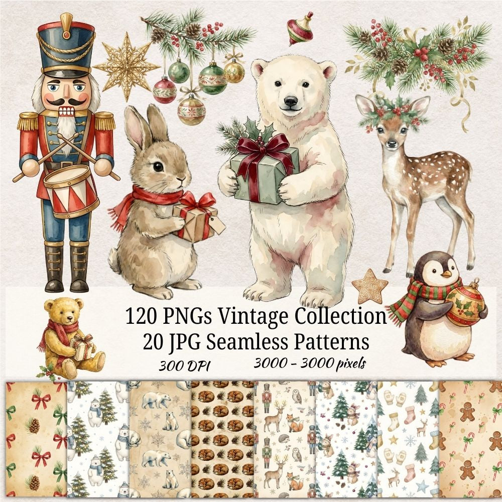 Vintage Christmas Clipart Bundle – 120 PNG & 20 Seamless Patterns