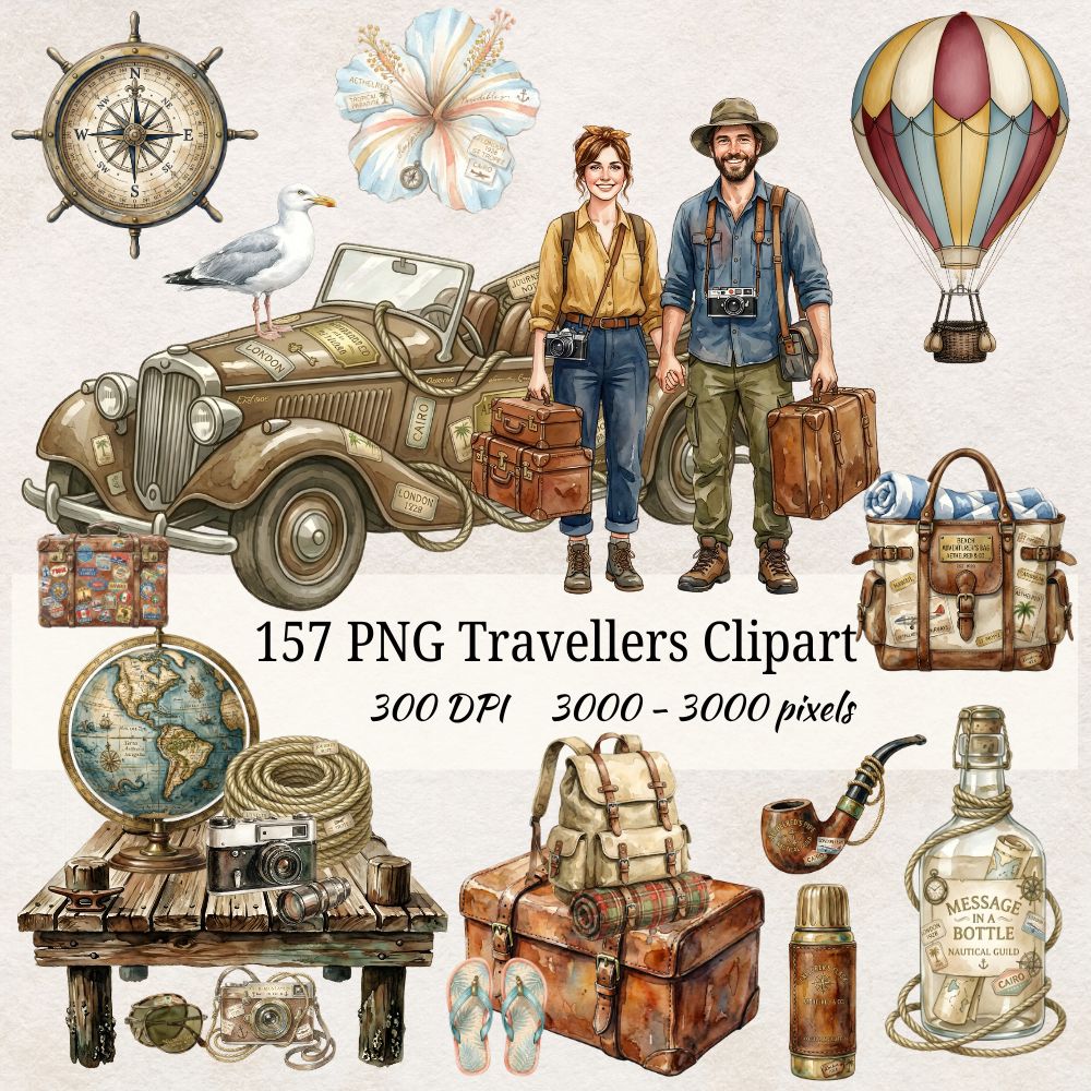 Travellers Clipart Bundle – 157 Vintage Travel PNG Files