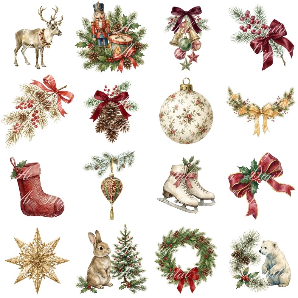 Vintage Christmas Clipart Bundle – 120 PNG & 20 Seamless Patterns