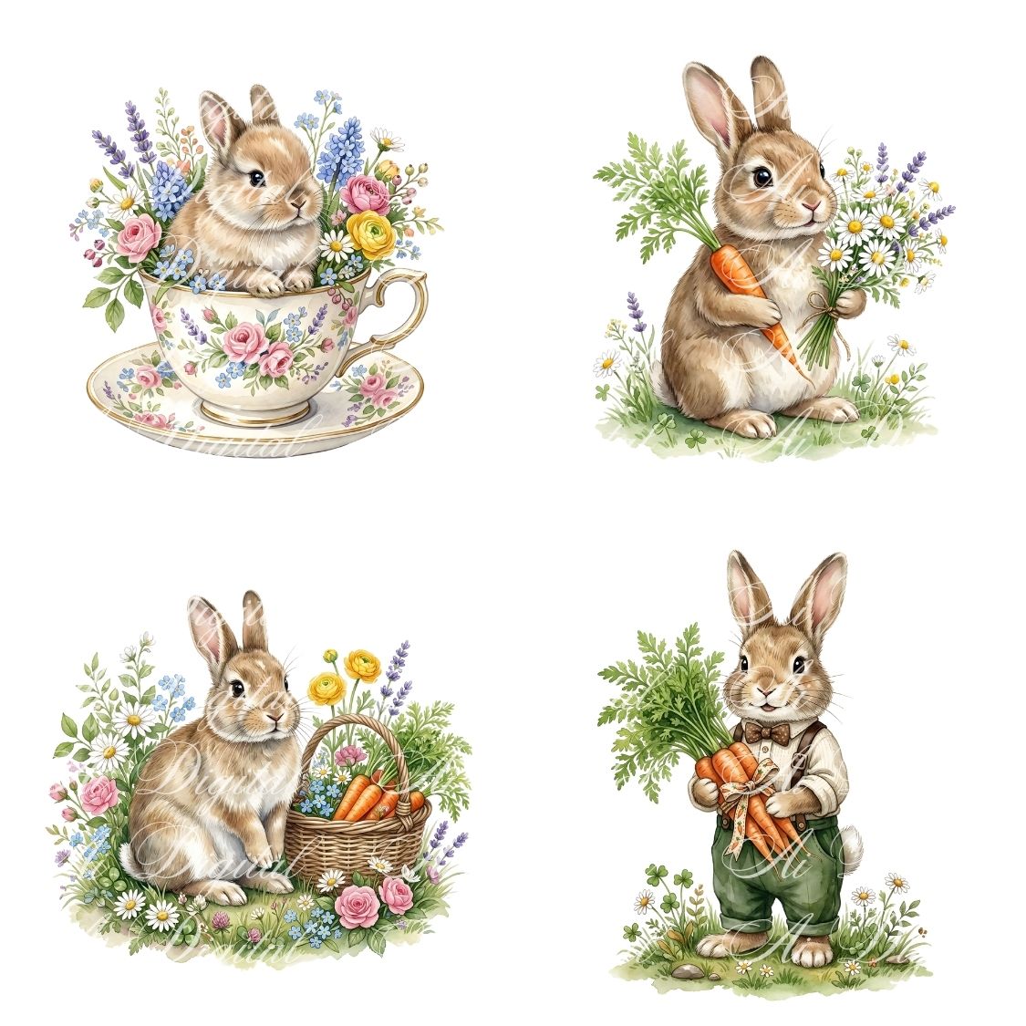 Cottagecore Bunny Watercolor Clipart Bundle (28 PNG)