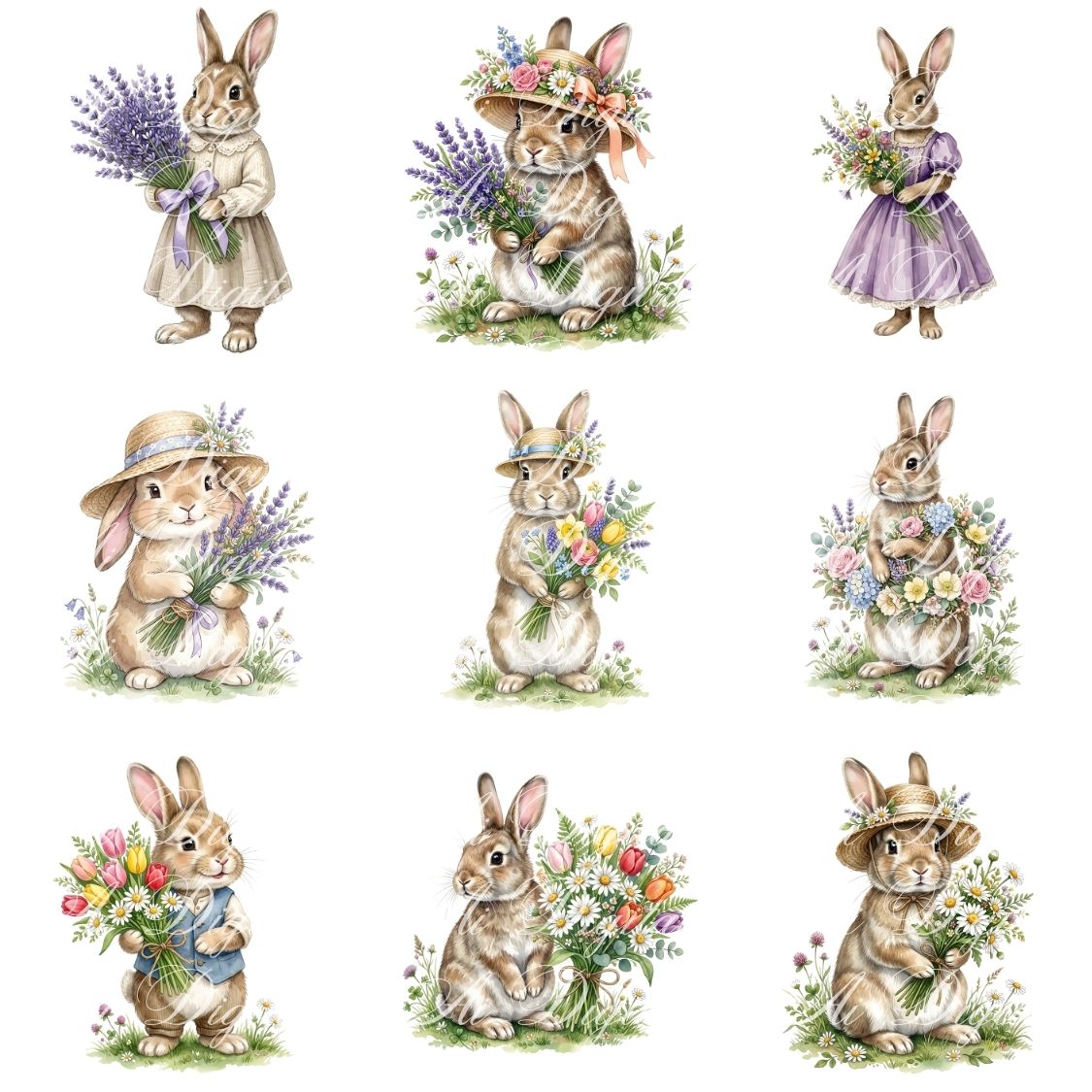 Spring Bunnies Watercolor Clipart Bundle (42 PNG)