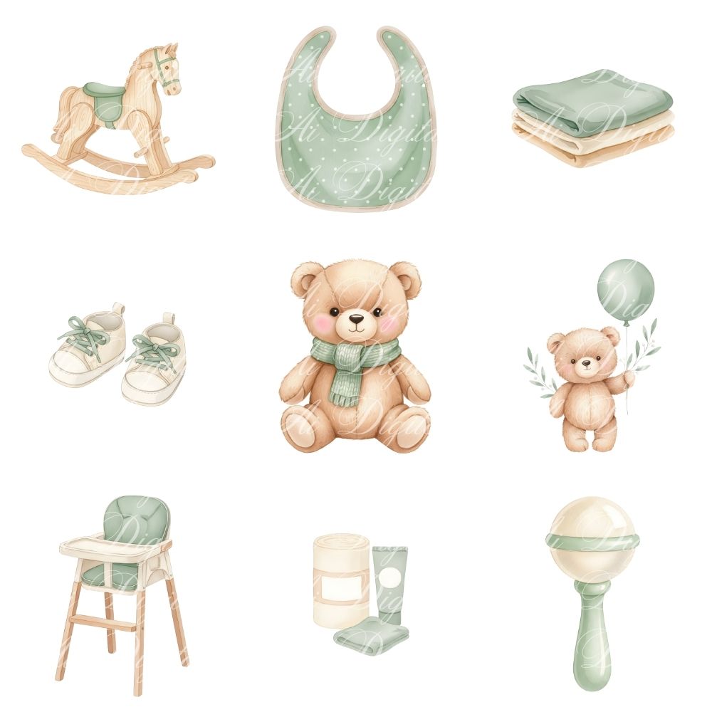 Sage Green Baby Teddy Bear Clipart Bundle – PNG & Seamless Patterns (54 PNG + 20 JPG, 300 DPI)