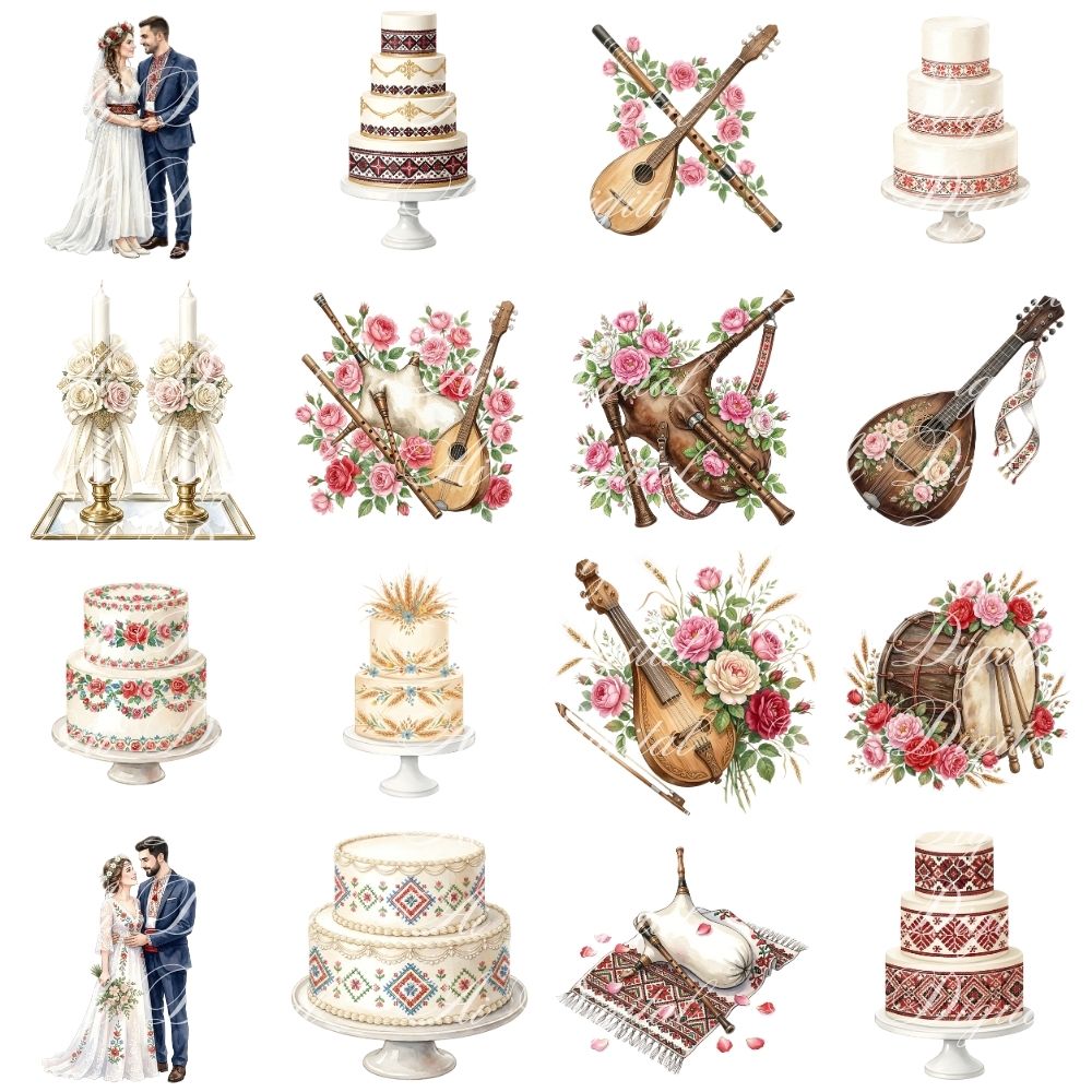 Bulgarian Wedding Clipart Bundle – 160 PNG Watercolor Wedding Illustrations