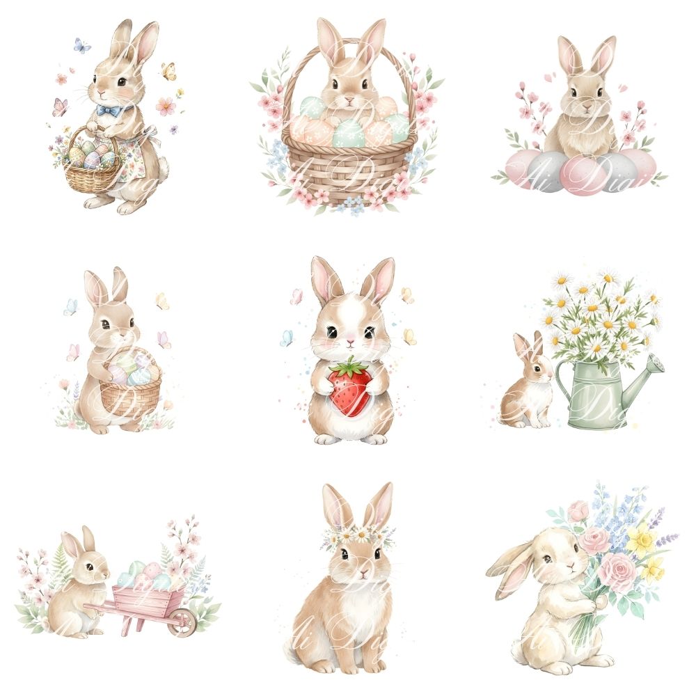 Easter Bunny Clipart Bundle – 106 PNG & 25 Seamless Patterns