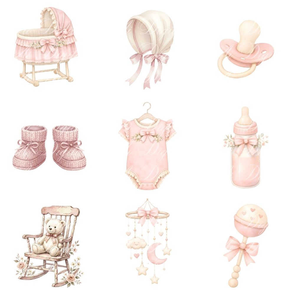 Pink Baby Teddy Bear Clipart Collection – PNG & Seamless Patterns (54 PNG + 20 JPG, 300 DPI)