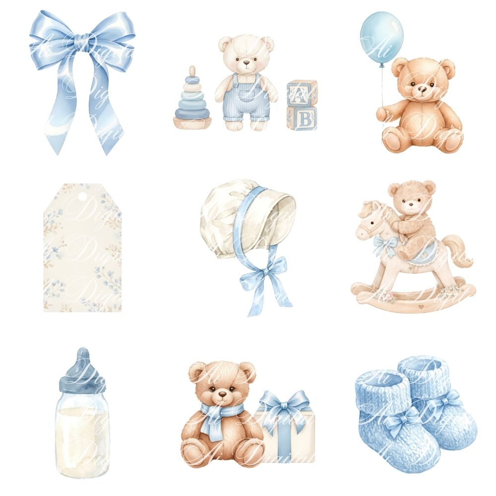 Blue Baby Bear Clipart Bundle 56 png + 20 seamless jpg patterns