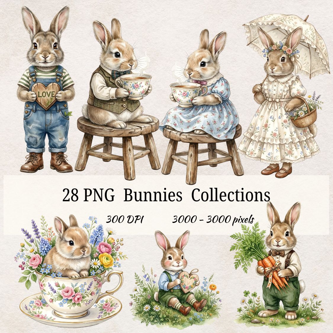 Cottagecore Bunny Watercolor Clipart Bundle (28 PNG)