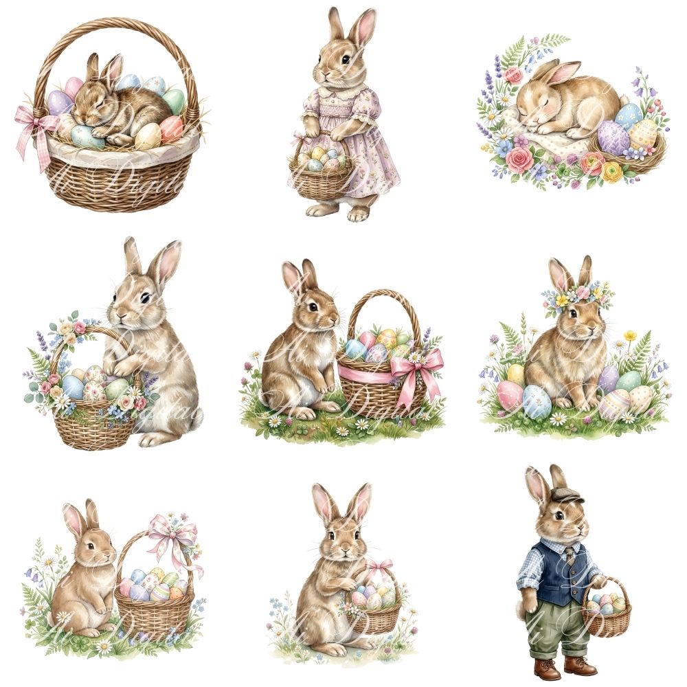 Easter Bunnies Watercolor Clipart Bundle (45 PNG)