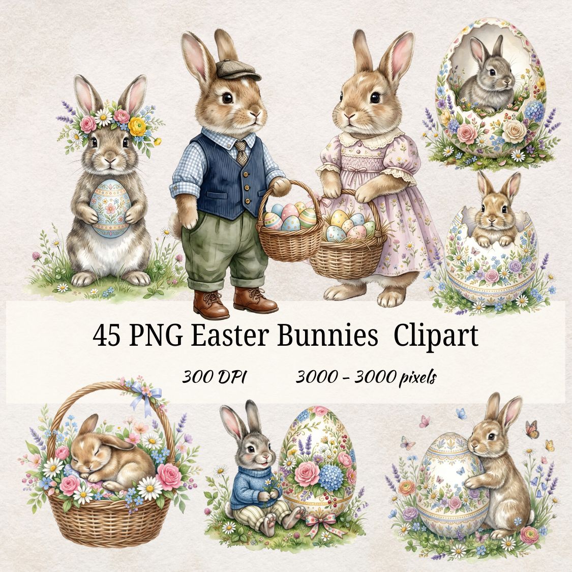 Easter Bunnies Watercolor Clipart Bundle (45 PNG)