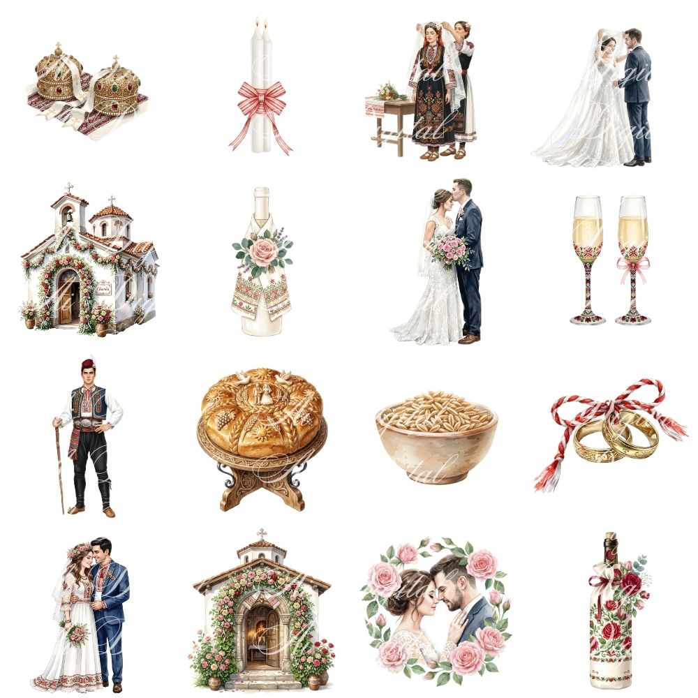 Bulgarian Wedding Clipart Bundle – 160 PNG Watercolor Wedding Illustrations